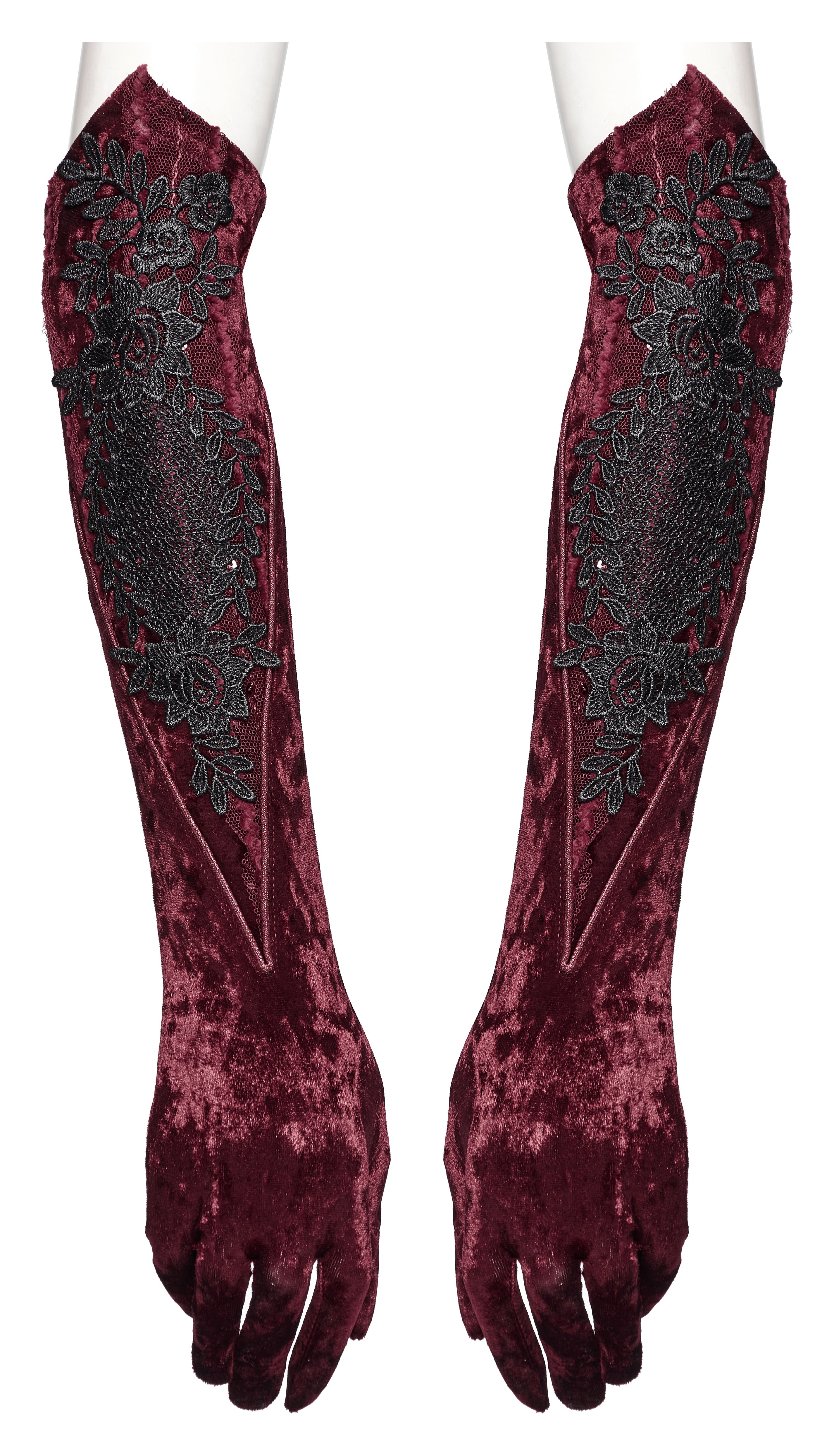Punk Rave Selene Embroidered Velvet Gloves in Crimson