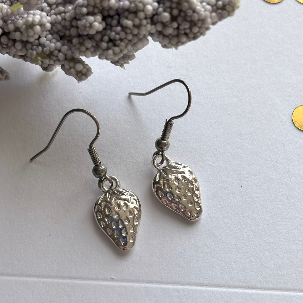 Silver plated strawberry earrings on hypoallergenic hooks