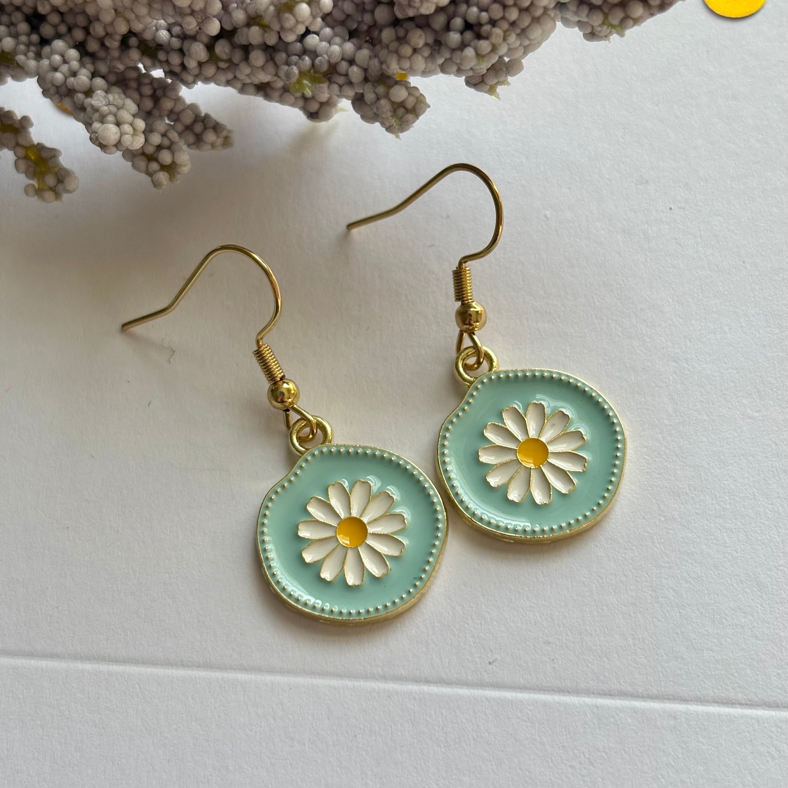 Blue and white daisy gold earrings in circle on 18k gold plated hooks