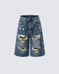 Distressed Patchwork Denim Shorts