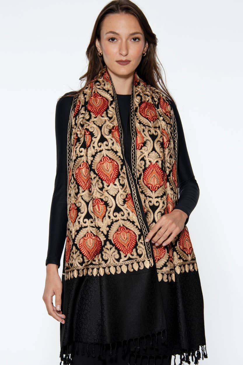 Mandira Embroidered Shawl – 100% Viscose Wool-Feel, Black with Red & Gold Paisley, 72"×28" | Kashmir-Inspired Winter Wrap/Stole