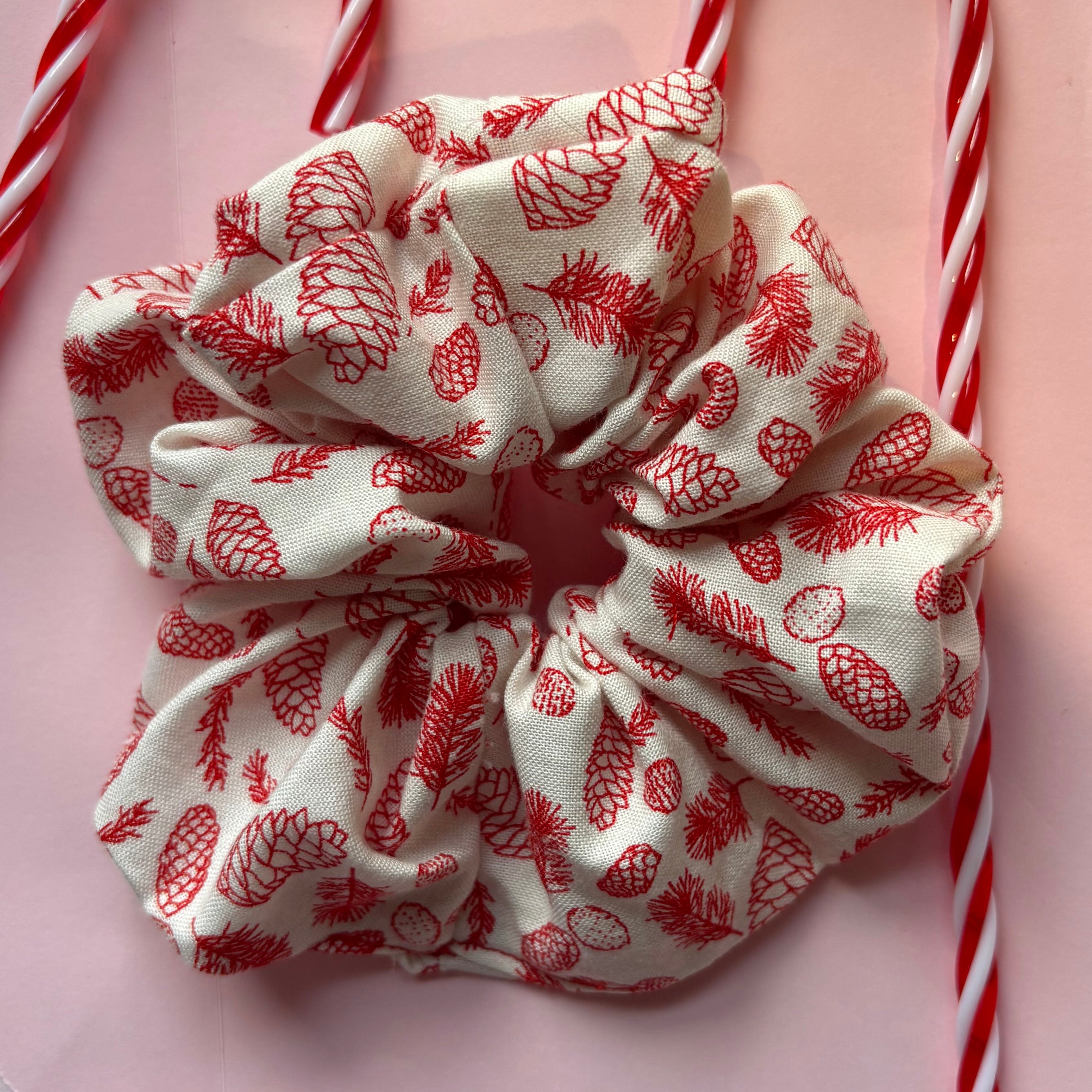 Cool large cream and red minimalist acorn leaf festive plant Christmas scrunchie