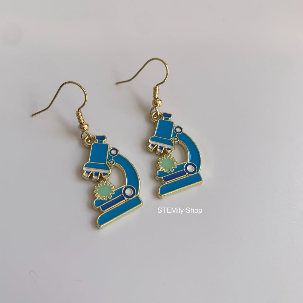 Gold and blue dangle science microscope earrings on gold plated hooks