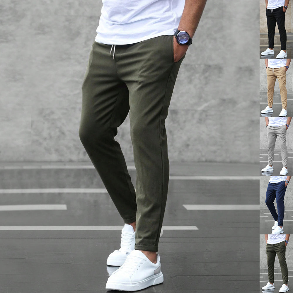 Men's Casual Drawstring Trousers Slim Fit Straight Leg Pants with Pockets Trendy