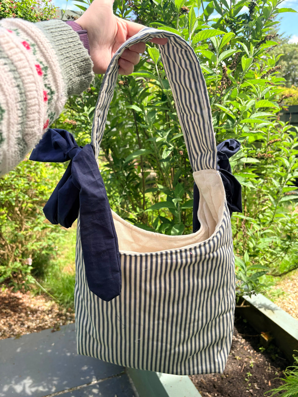 Handmade white and navy blue stripe coquette padded tote bag with bows
