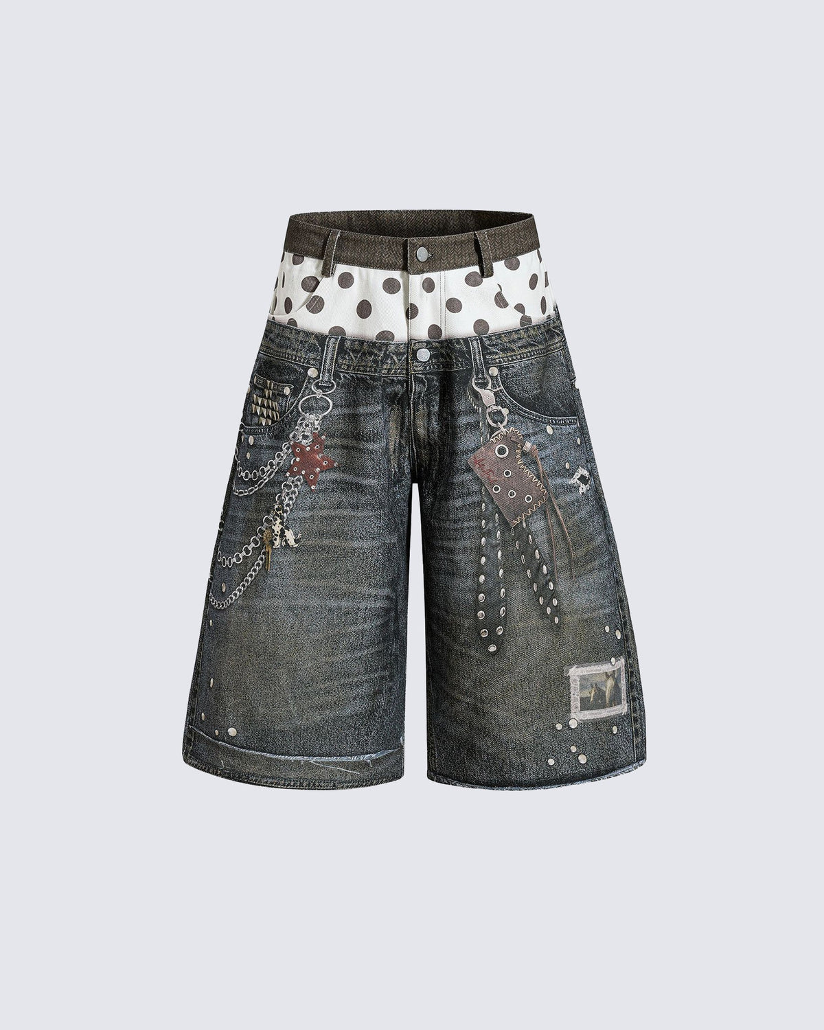 KIIKIO Retro Mixed Denim Polka Shorts