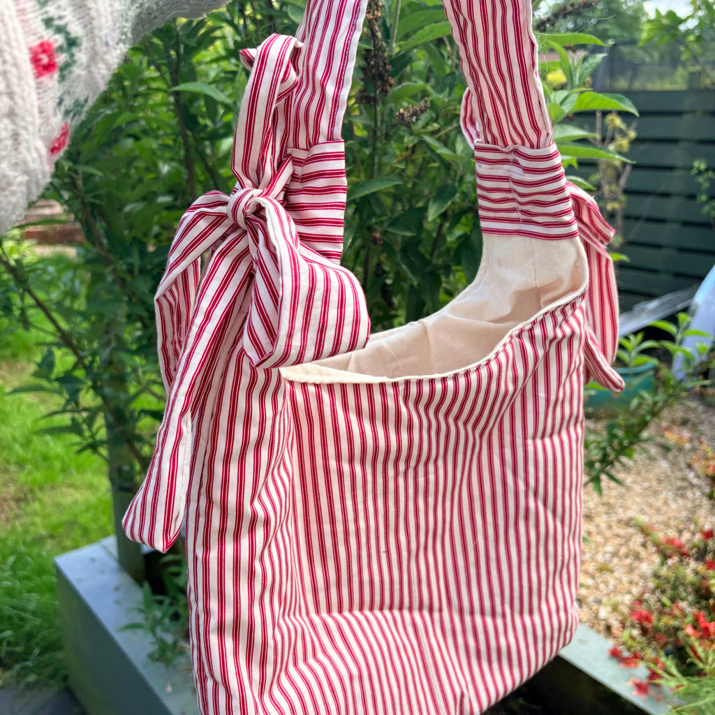 Handmade white and red stripe coquette padded tote bag with bows