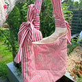Handmade white and red stripe coquette padded tote bag with bows