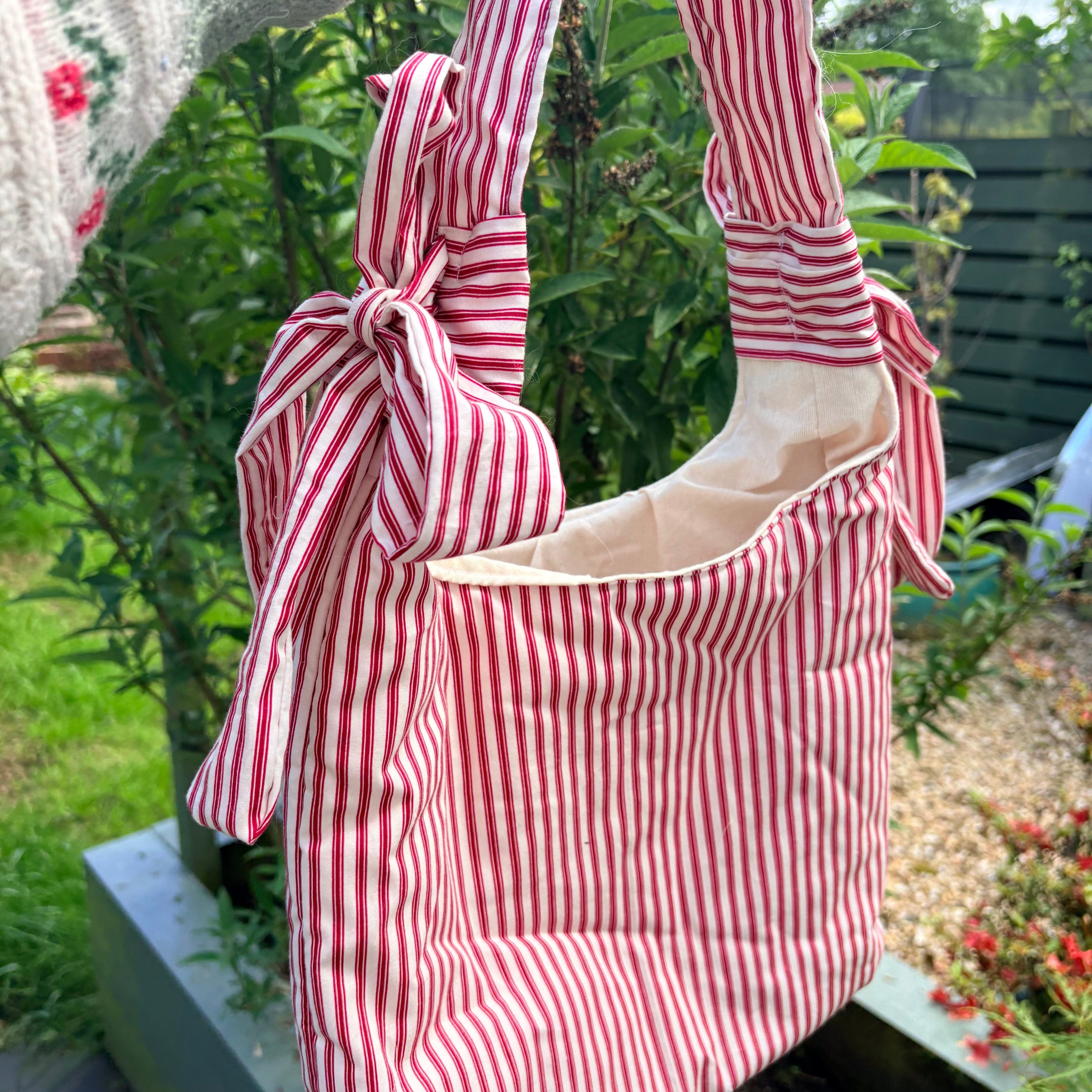 Handmade white and red stripe coquette padded tote bag with bows