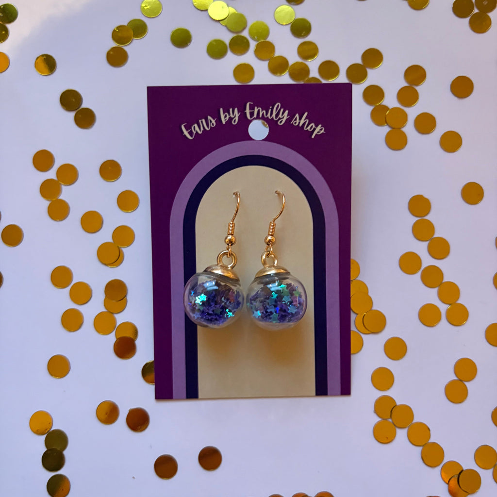 Purple star sparkle bauble Christmas dangle earrings gold plated