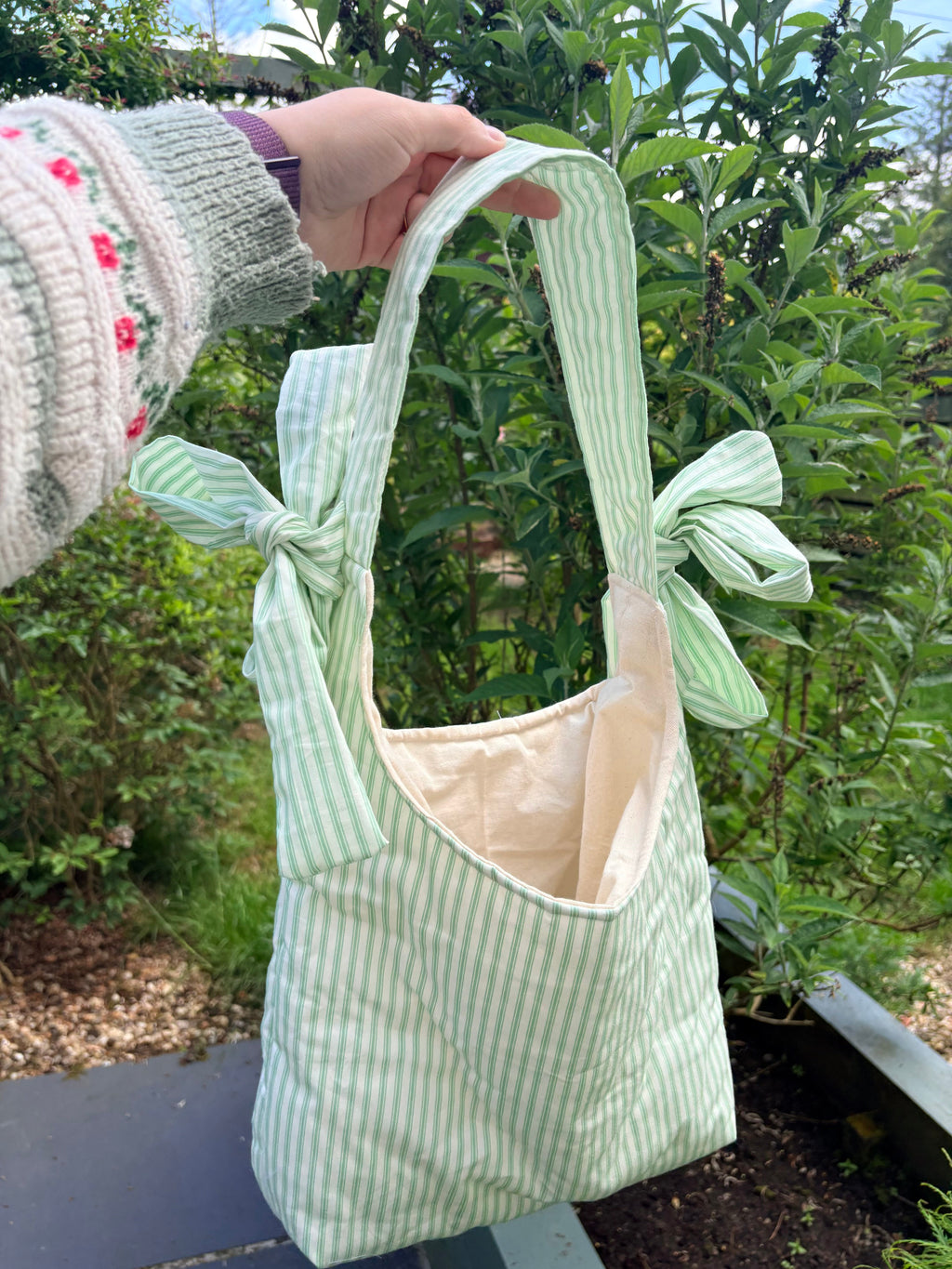Handmade white and green stripe coquette padded tote bag with bows