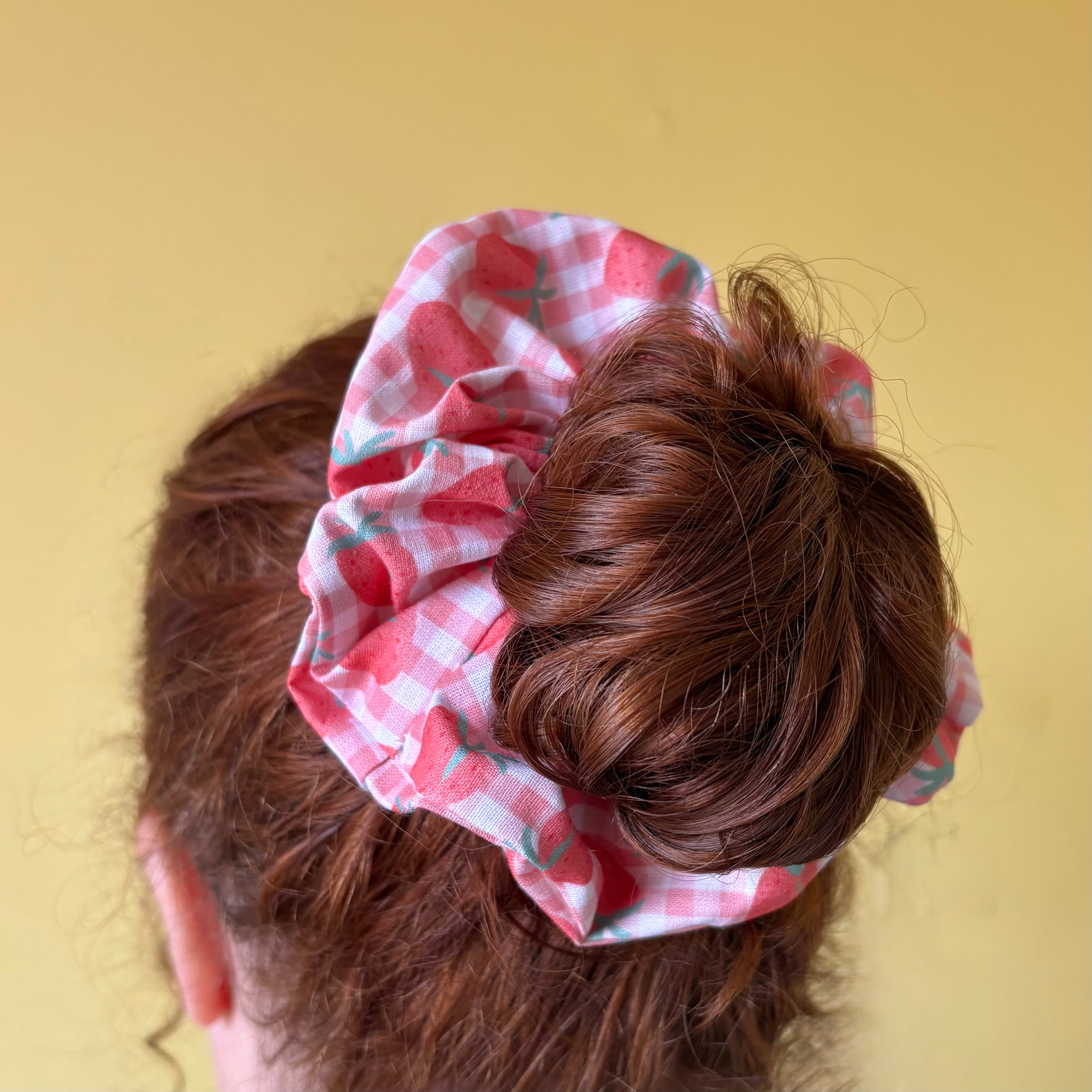 Large handmade cotton pink gingham strawberry scrunchie