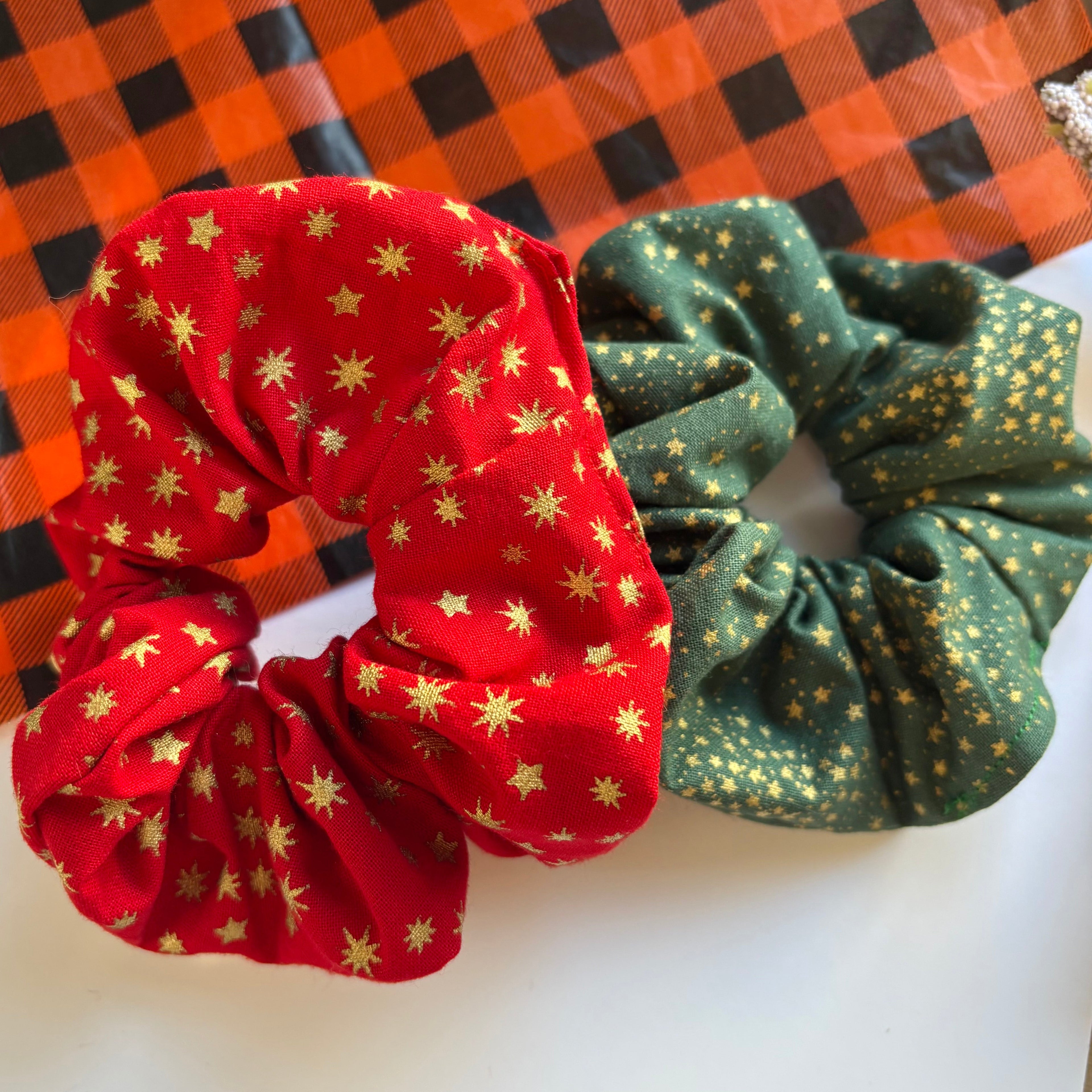 Green or red with gold glitter star Christmas large cotton scrunchie