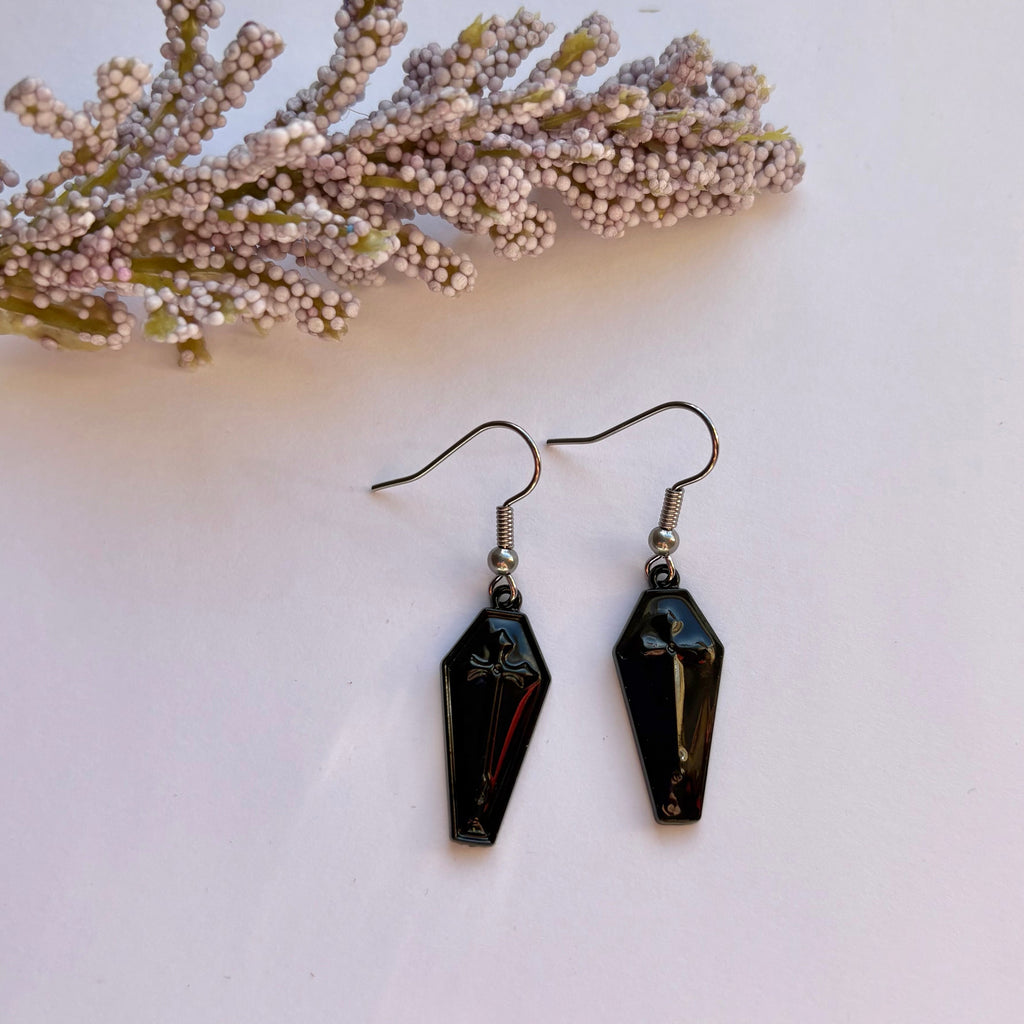 Gothic black silver coffin with cross halloween dangle earrings on surgical steel hooks