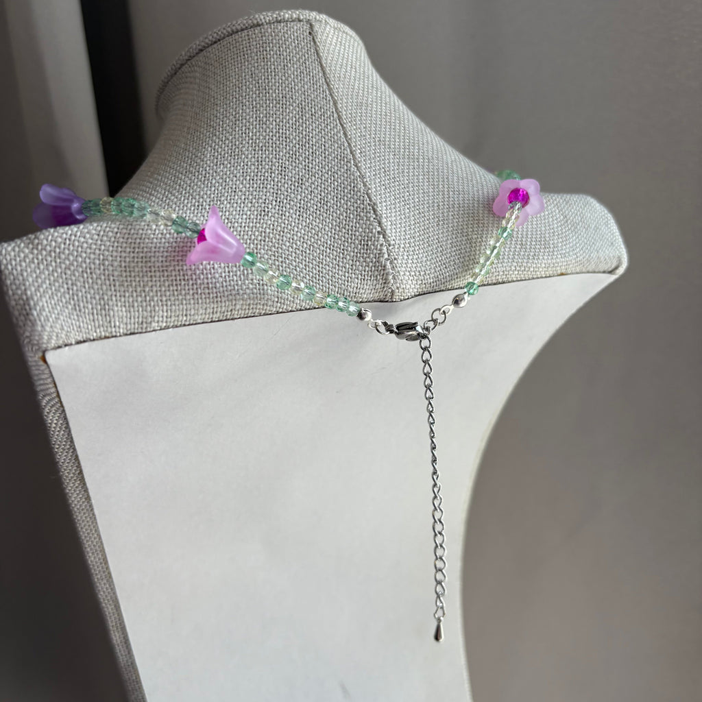 Handmade beaded pink purple and green flower choker necklace