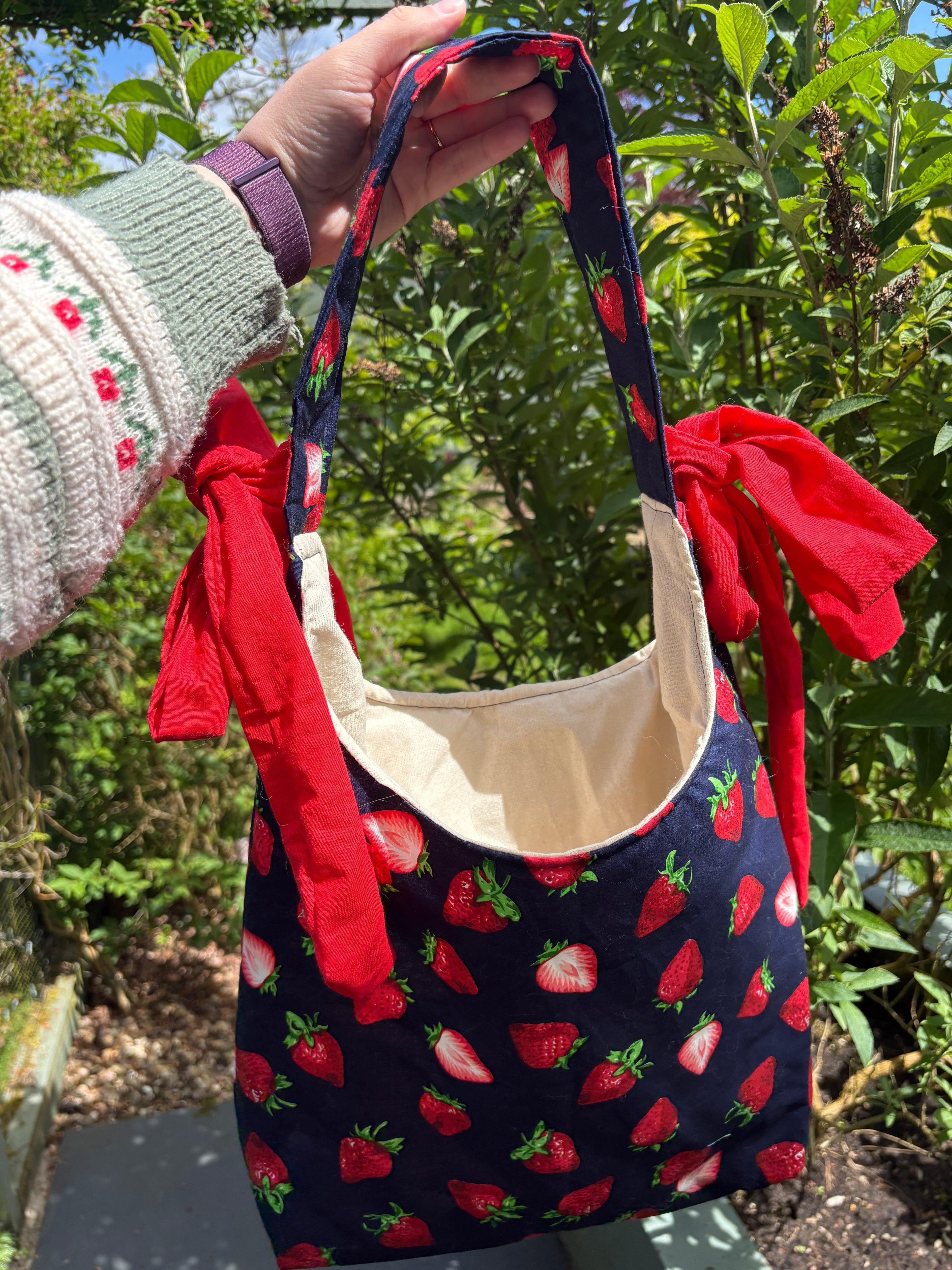 Handmade navy blue red strawberry coquette padded tote bag with bows