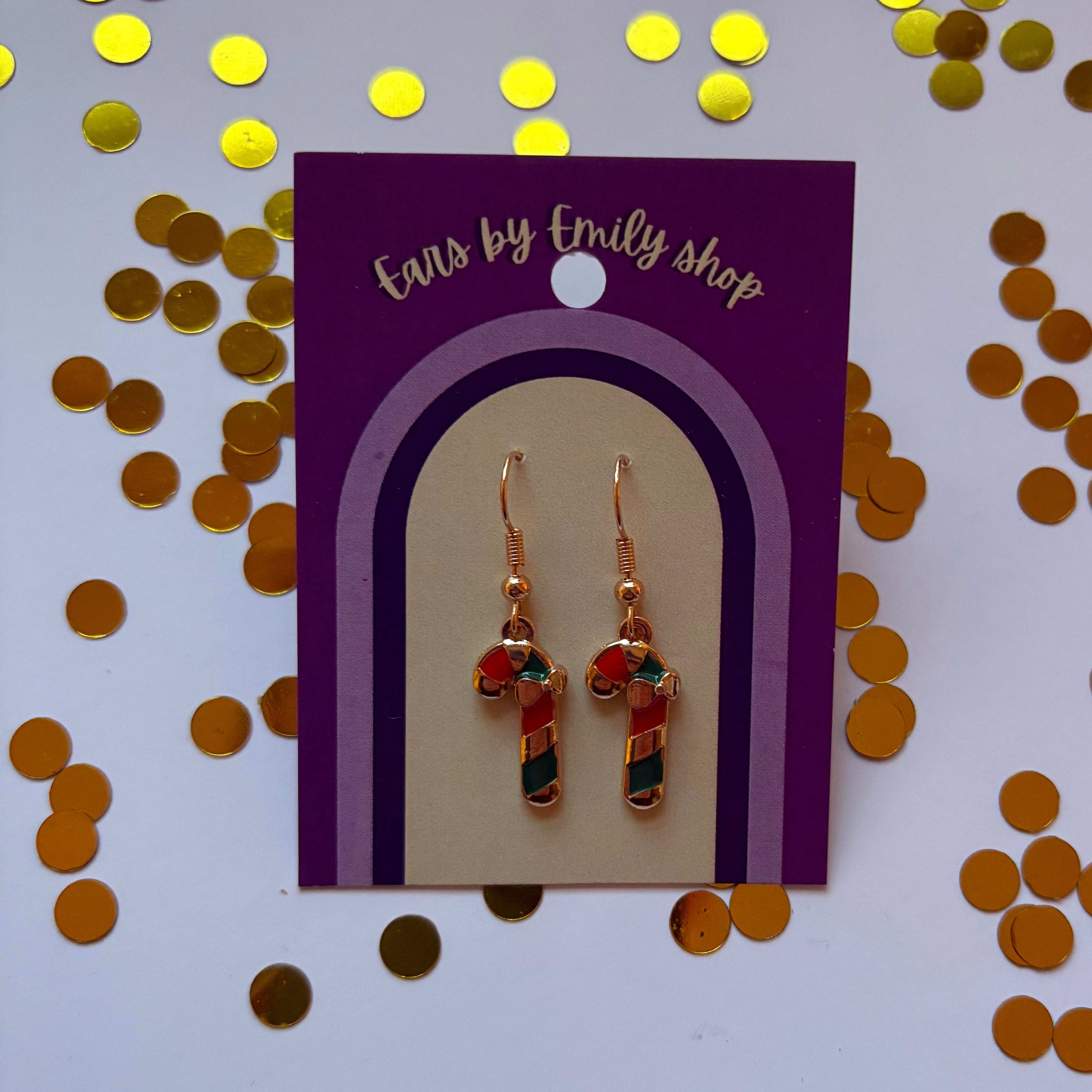 Green Christmas candy cane gold earrings