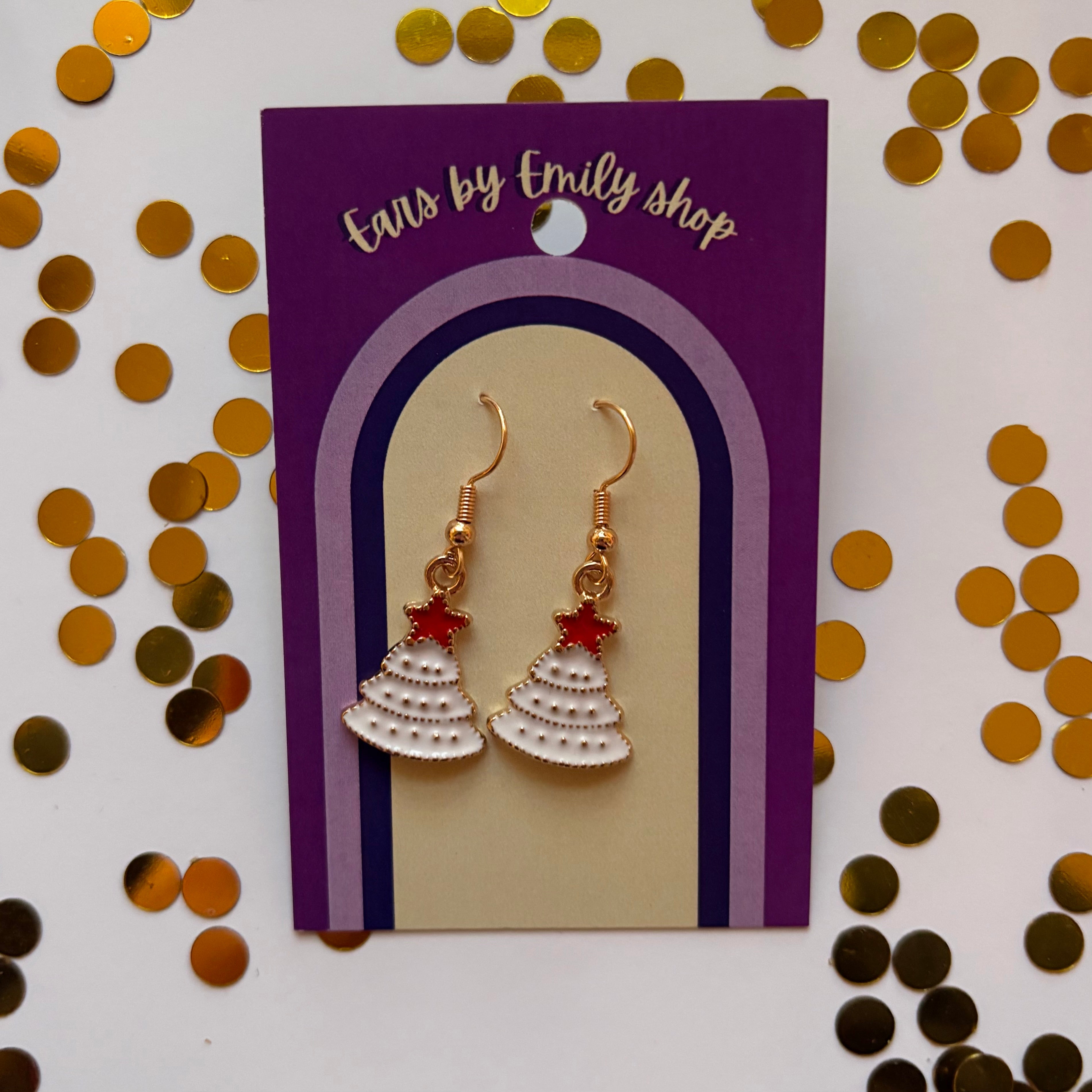 White  Christmas Tree gold earrings
