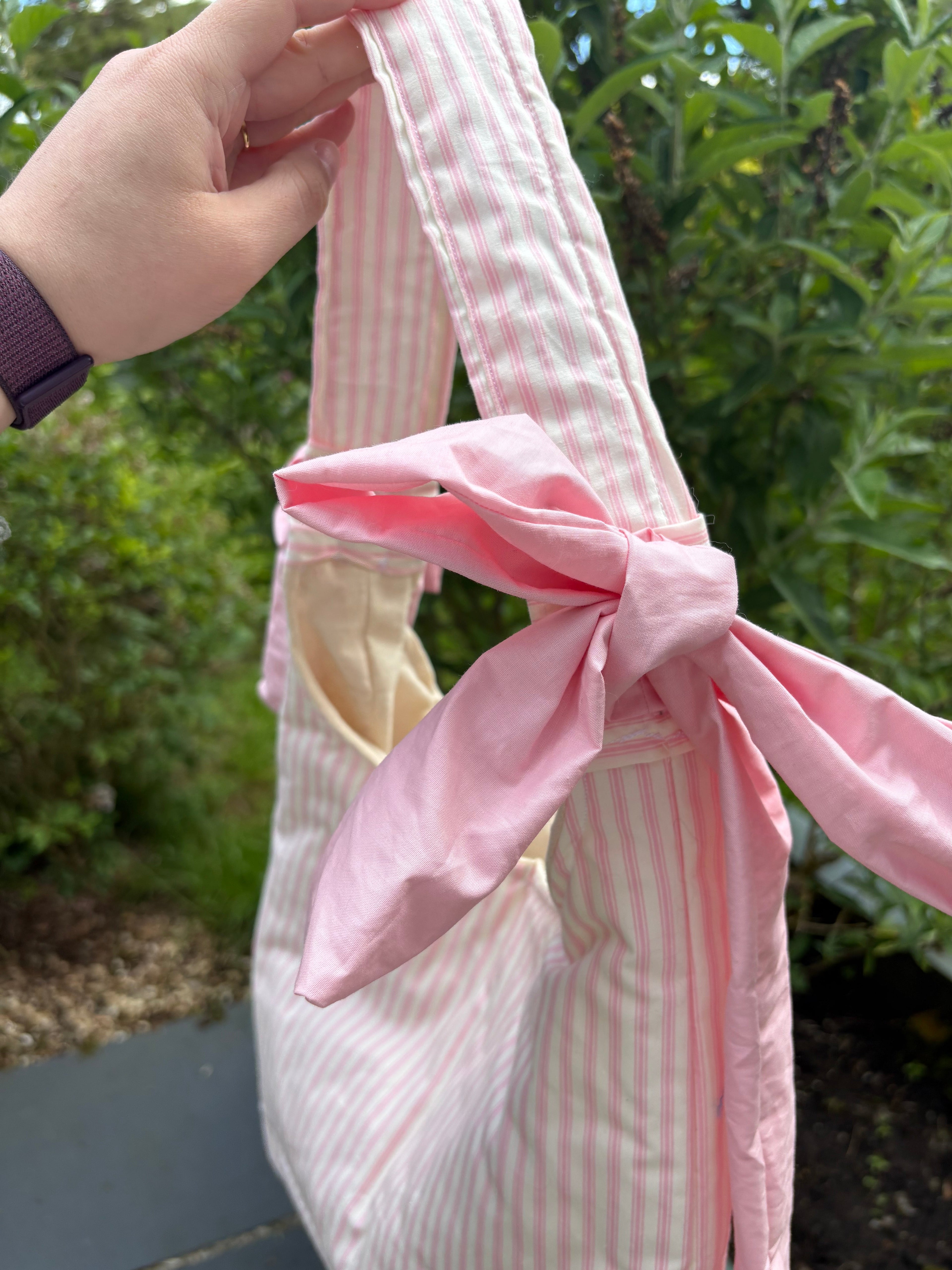Handmade white and pink stripe coquette padded tote bag with bows