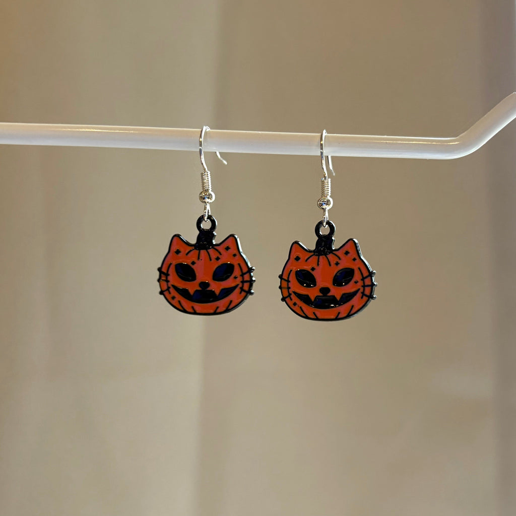 Cool orange pumpkin cat Halloween earrings on hypoallergenic surgical steel hooks