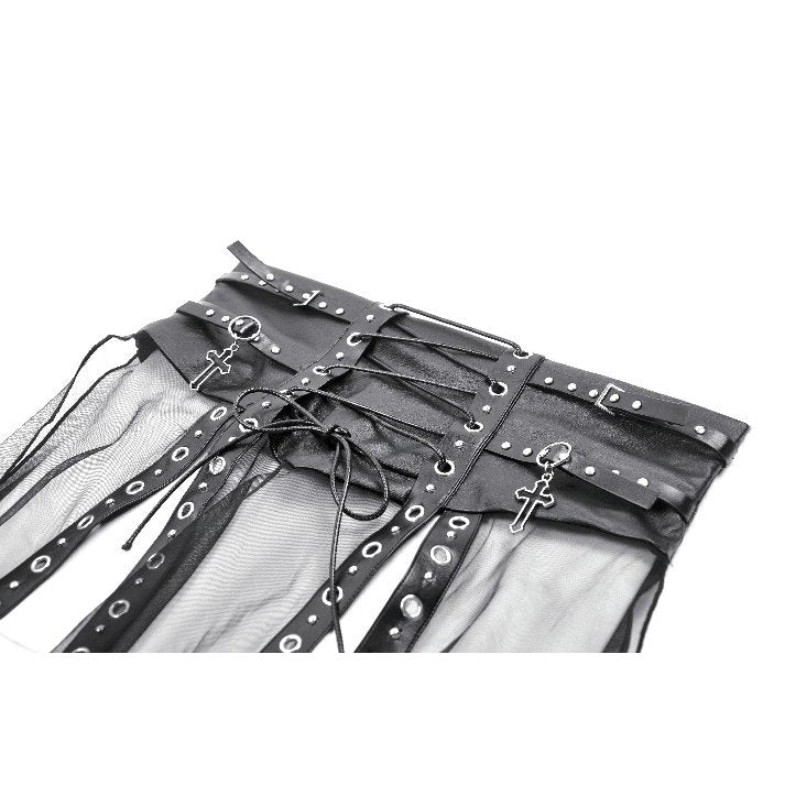Dark in Love Gothic Sheer Mesh Maxi Skirt with PU Waist Corset - Size UK 8 Left Only!