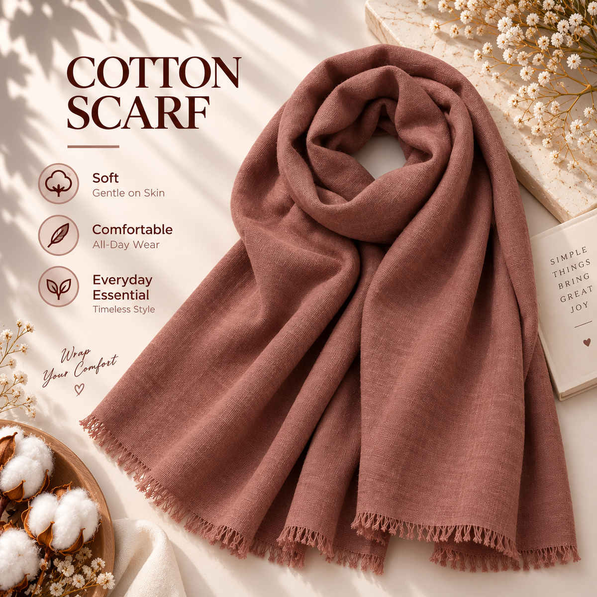 Premium Mud Rose Cotton Scarf – Soft & Comfortable Everyday Essential Wrap