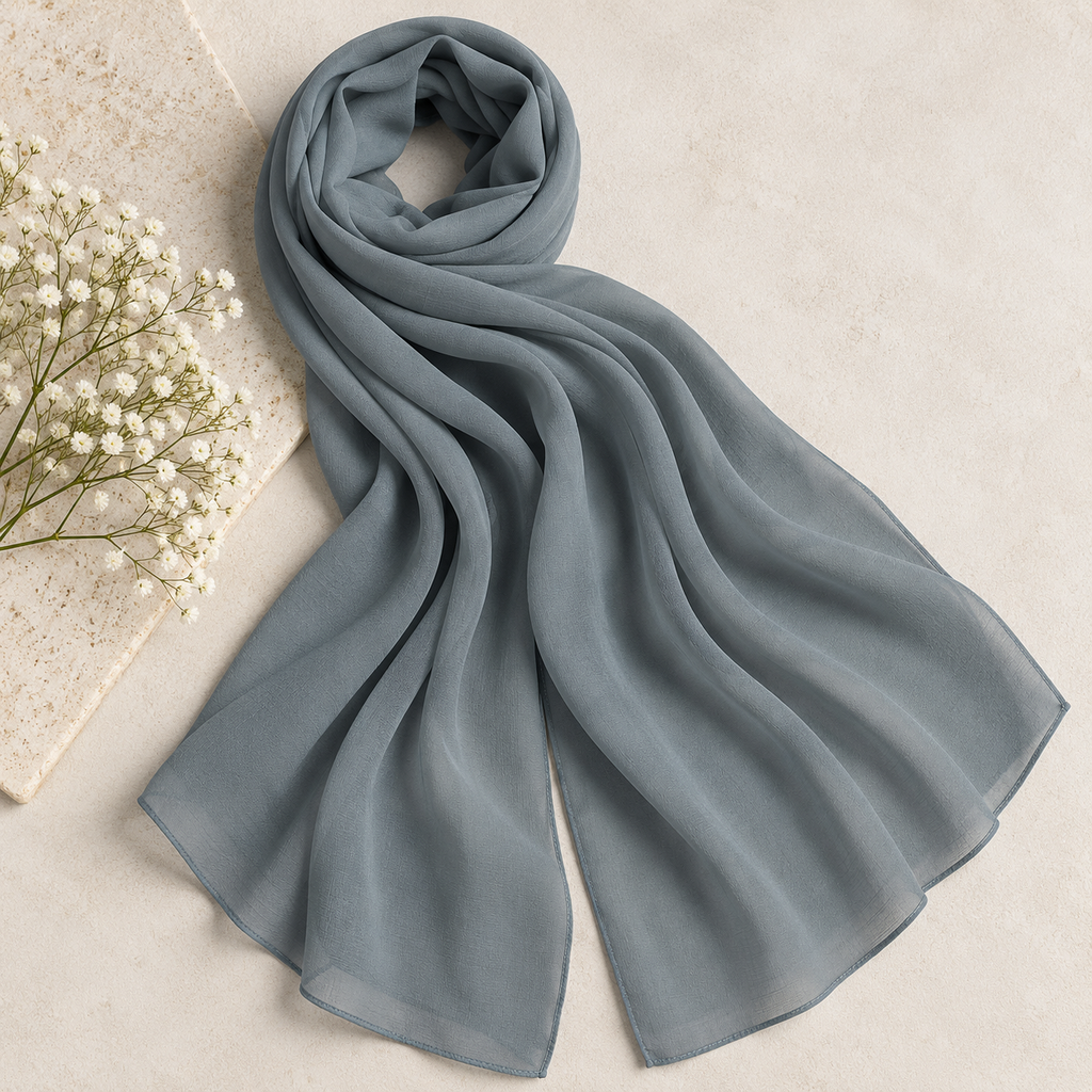 Women Elegant Slate Blue Grey Georgette Scarf Lightweight Soft Hijab Wrap