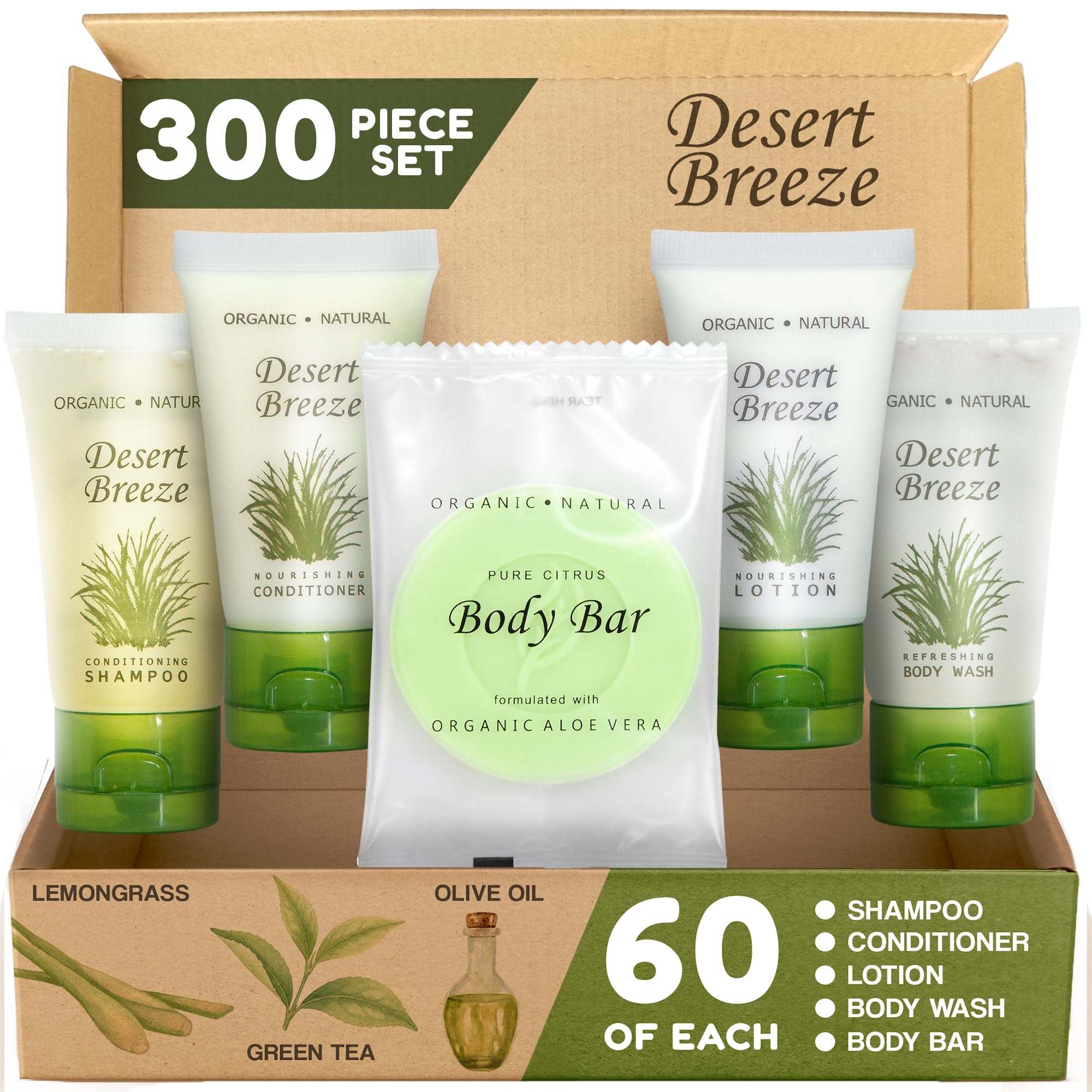 1-Shoppe All-in-Kit Travel Size Hotel Toiletry Set — 300 Count, Paraben Free, Green Tea Lemongrass, Aloe & Olive Oil