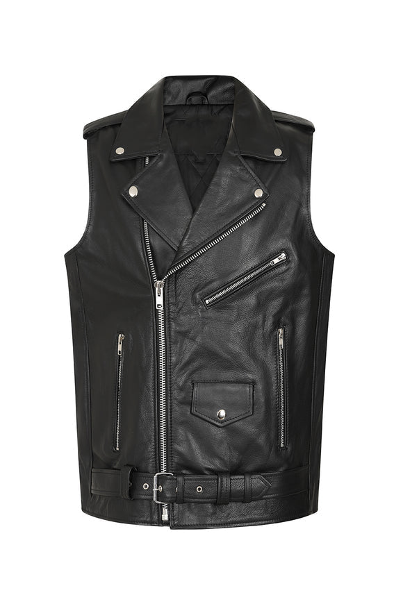Men's Black Belted Leather Biker Vest