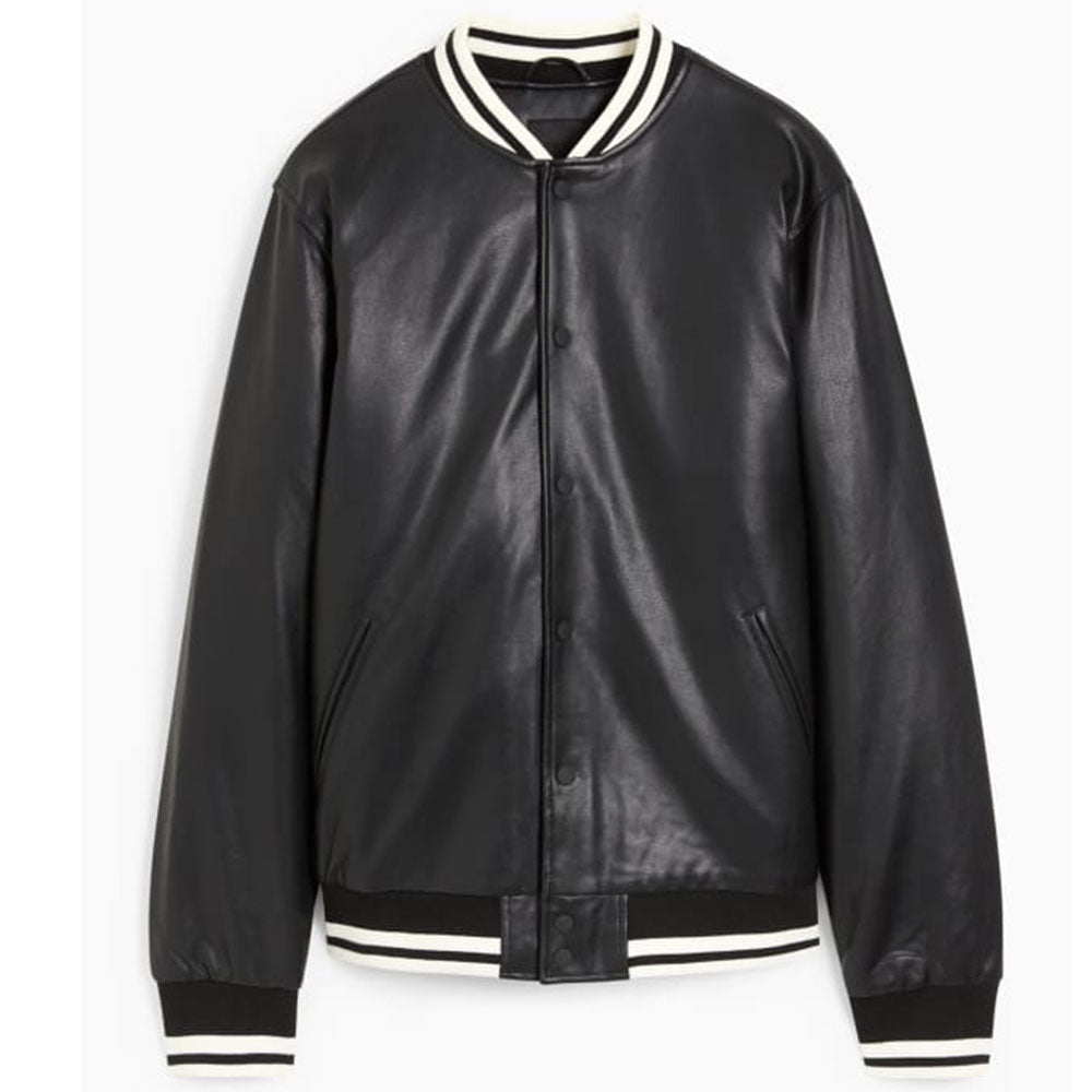 Men's Black Faux Leather Varsity Jacket