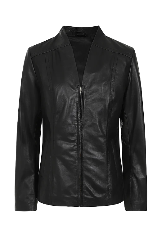 Women's Black Leather Stand-Collar Jacket