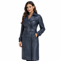 Women's Blue Leather Double-Breasted Trench