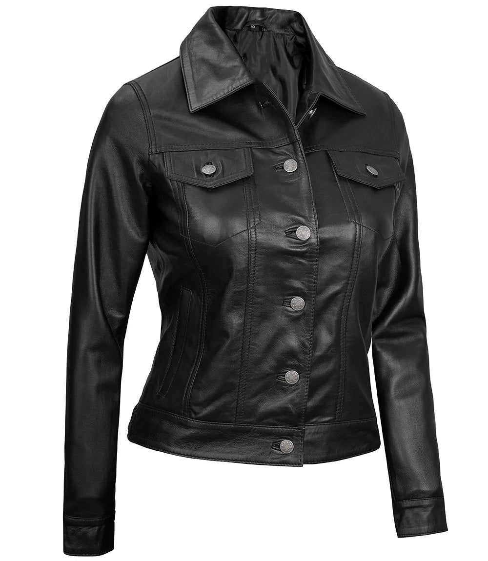 Women's Black Leather Button-Front Jacket