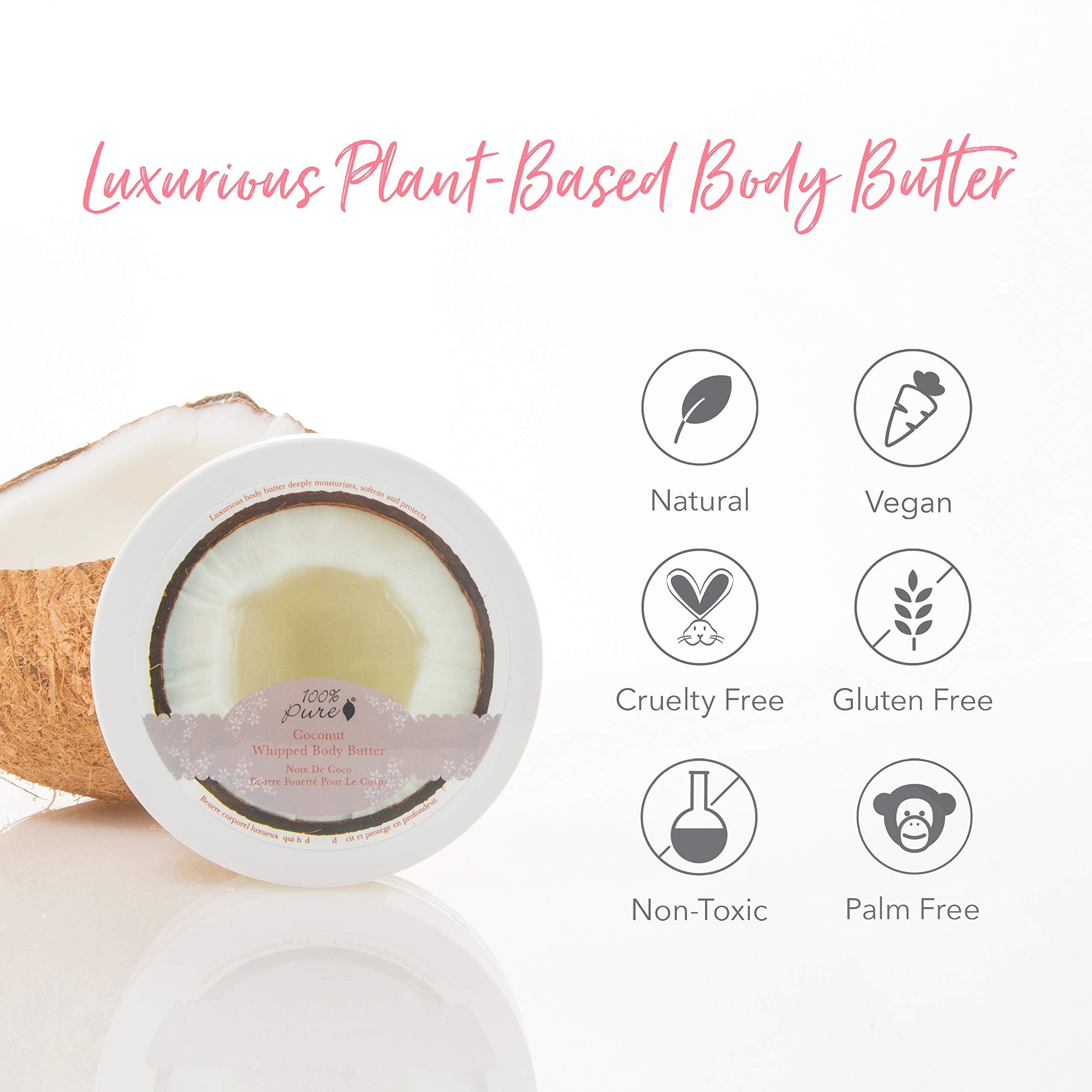 100% PURE Coconut Whipped Body Butter – Deep Hydration for Dry Skin, Vegan, 3.4 oz