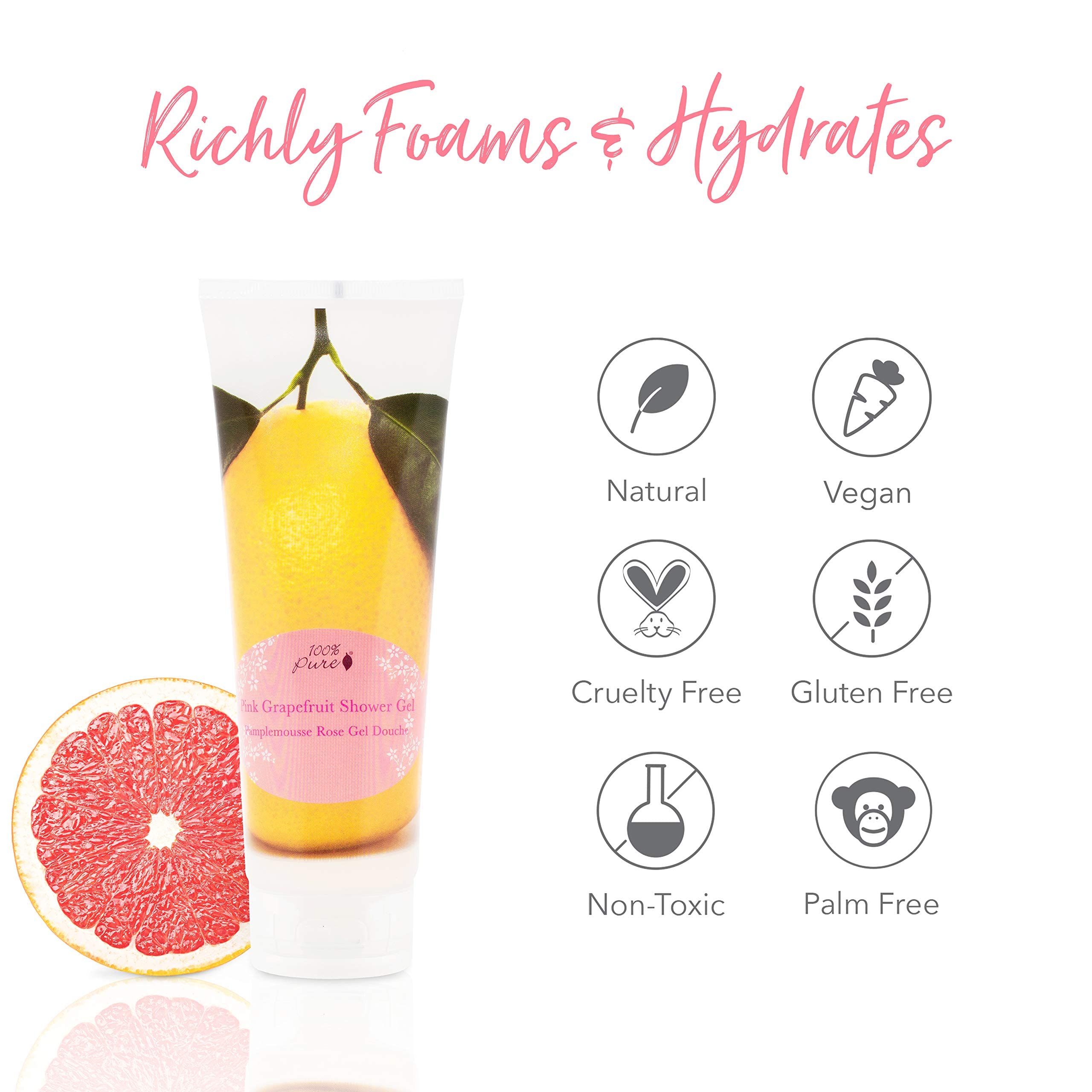 100% PURE Pink Grapefruit Shower Gel – Hydrating Body Wash for All Skin Types | Gluten-Free & Vegan | 8 fl oz