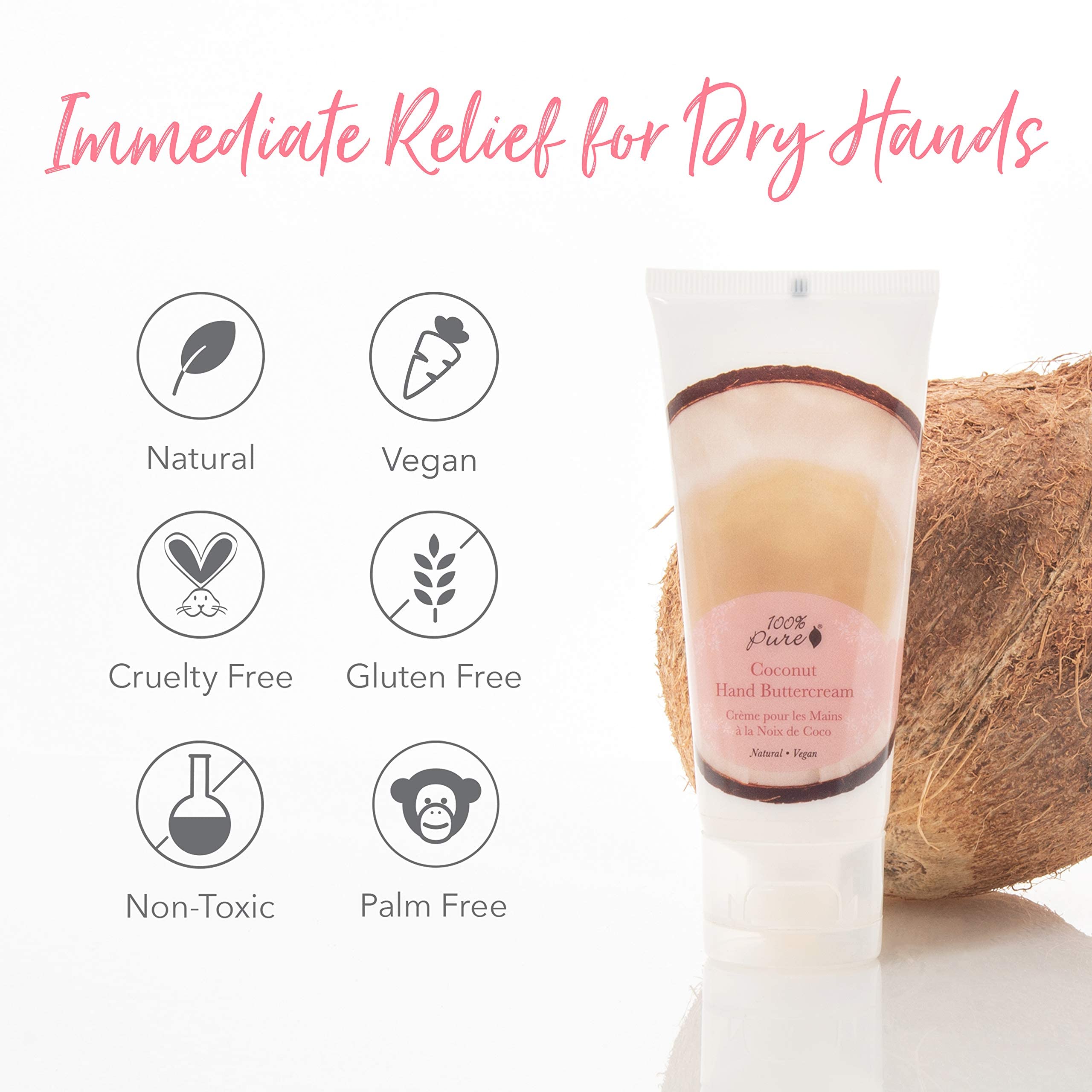 100% PURE Coconut Vegan Hand Cream — Shea Butter Moisturizer for Dry Skin, 2 oz