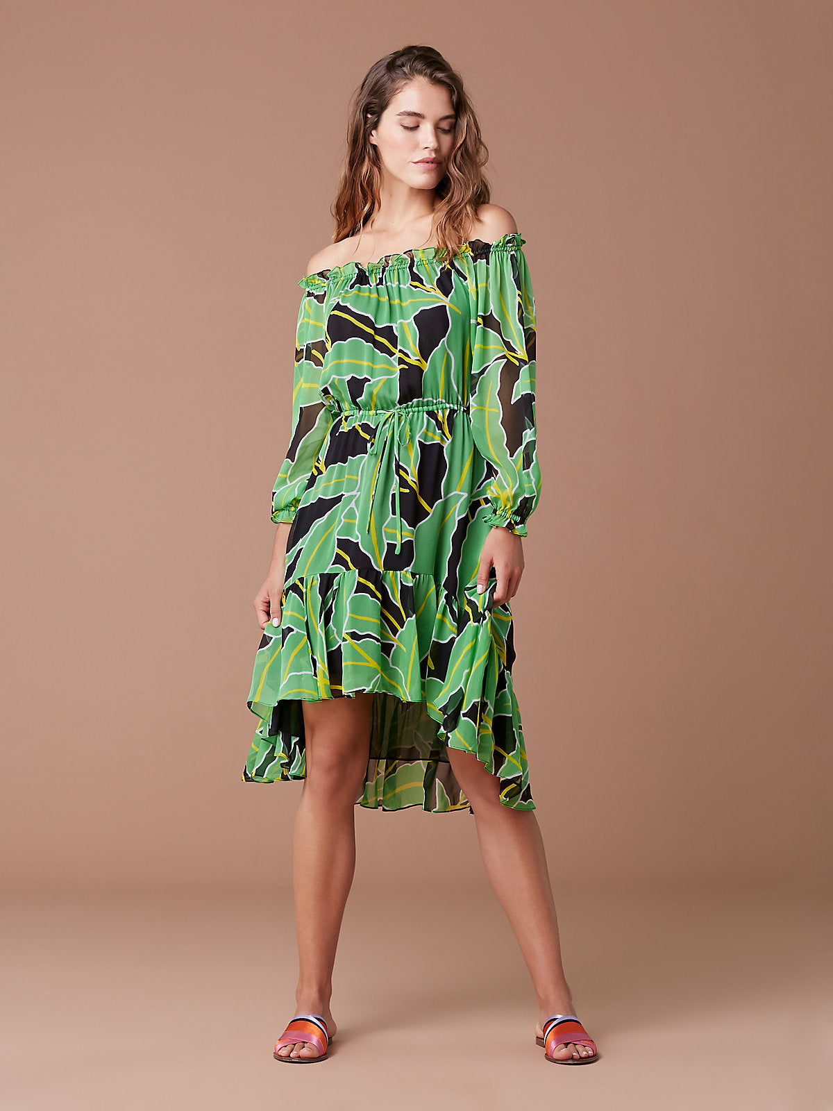 Diane Von Furstenberg DVF Camila Silk Chiffon Palm Print Dress