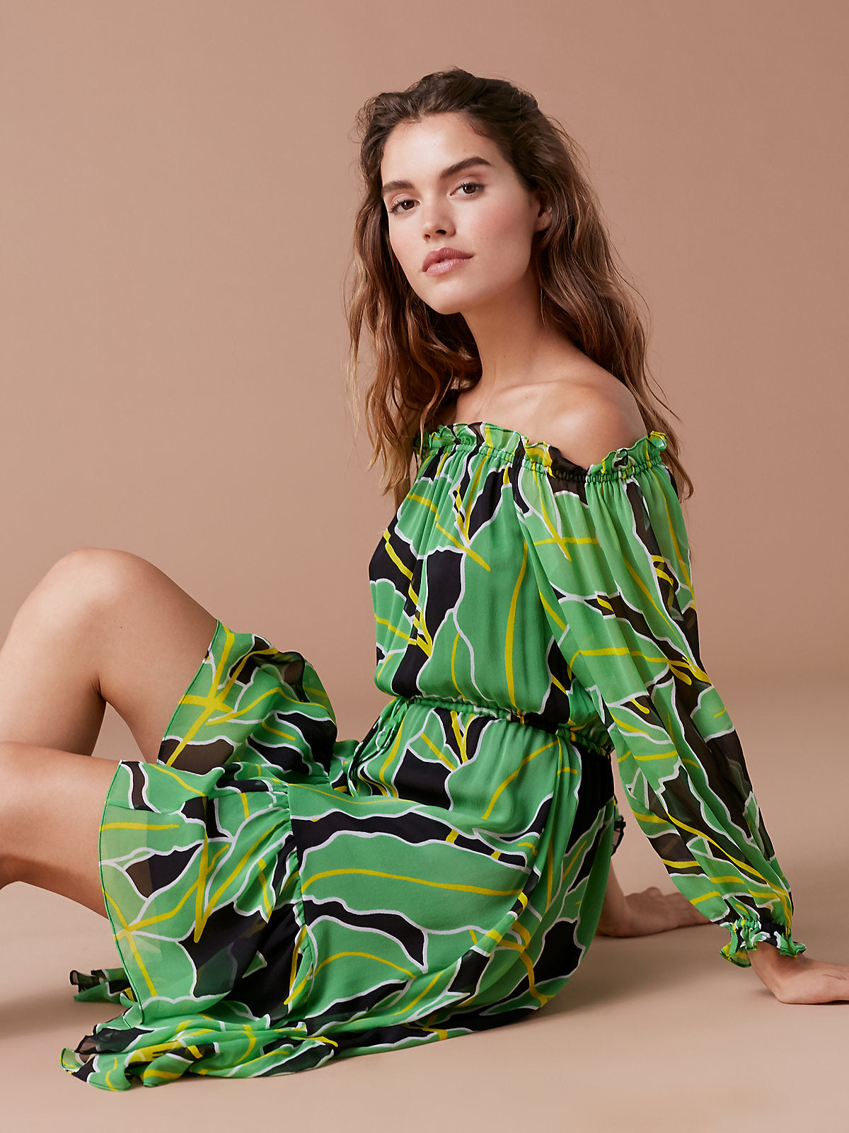Diane Von Furstenberg DVF Camila Silk Chiffon Palm Print Dress