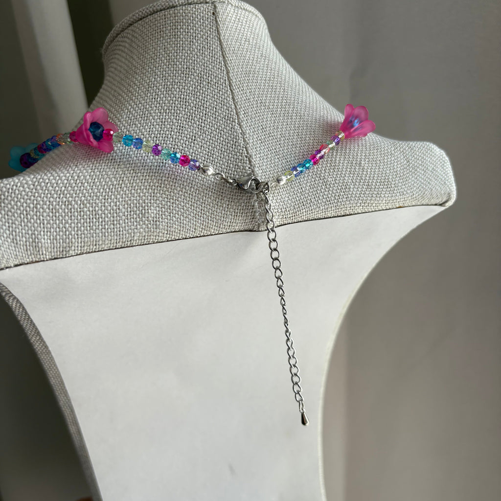 Handmade beaded pink and blue flower choker necklace