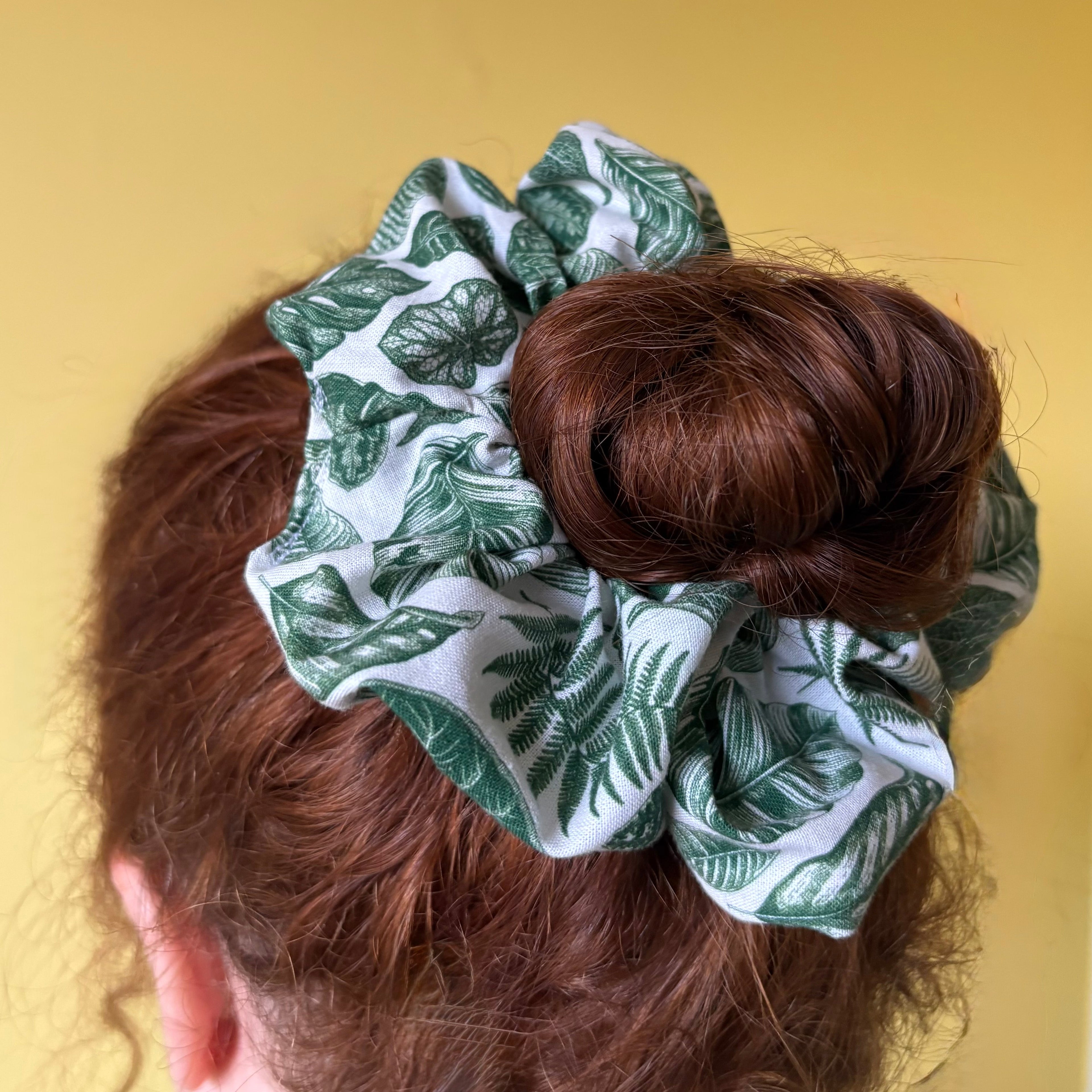 Green and white leaf scrunchie