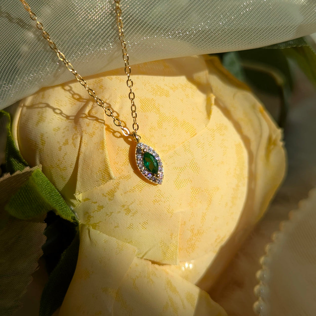 Ameya 14k Gold-Plated Sterling Silver Necklace with Emerald Pendant & Crystal Accents – Elegant Marquise Design, Delicate Luxury Jewelry