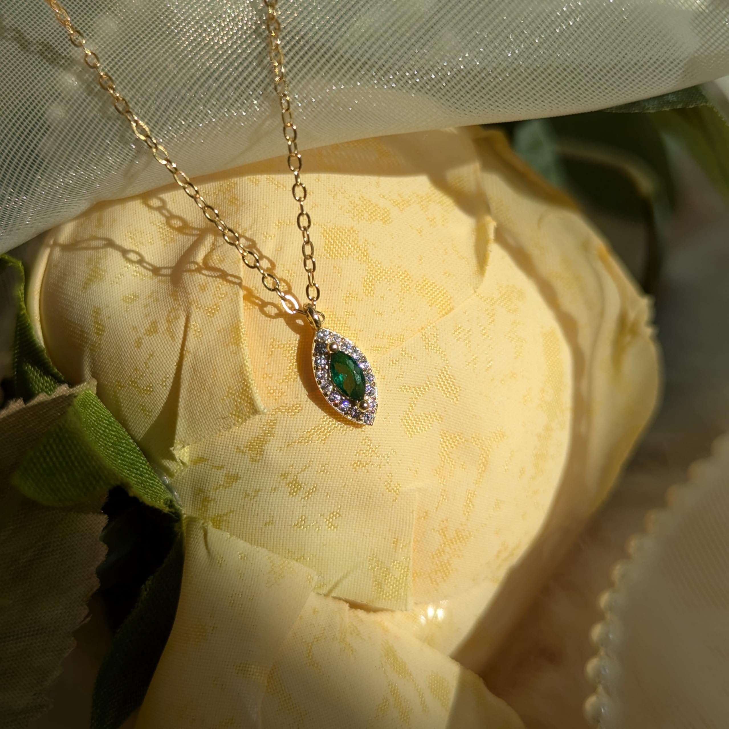 Ameya 14k Gold-Plated Sterling Silver Necklace with Emerald Pendant & Crystal Accents – Elegant Marquise Design, Delicate Luxury Jewelry