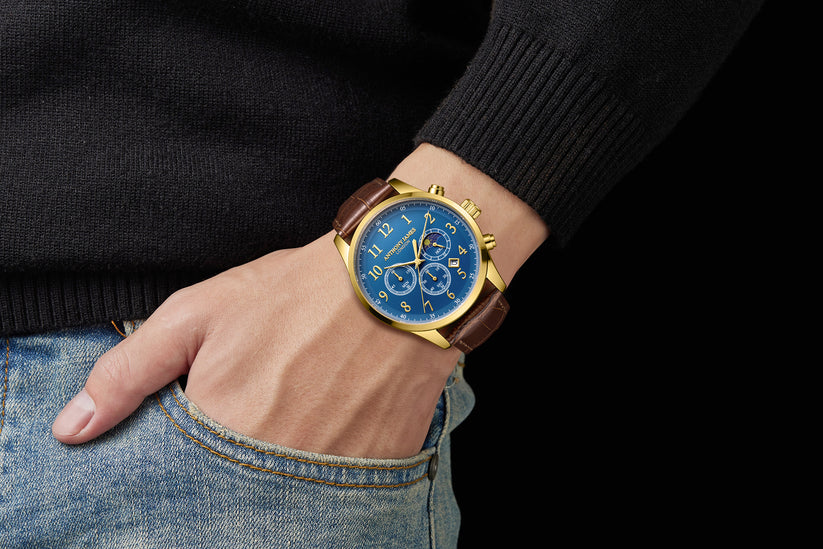 Hand Assembled Anthony James Limited Edition Moonphase Chronograph Gold Blue