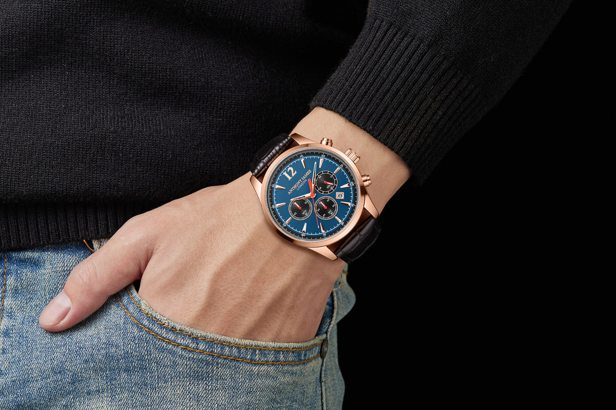 Hand Assembled Anthony James Limited Edition Classic Chronograph Rose Blue
