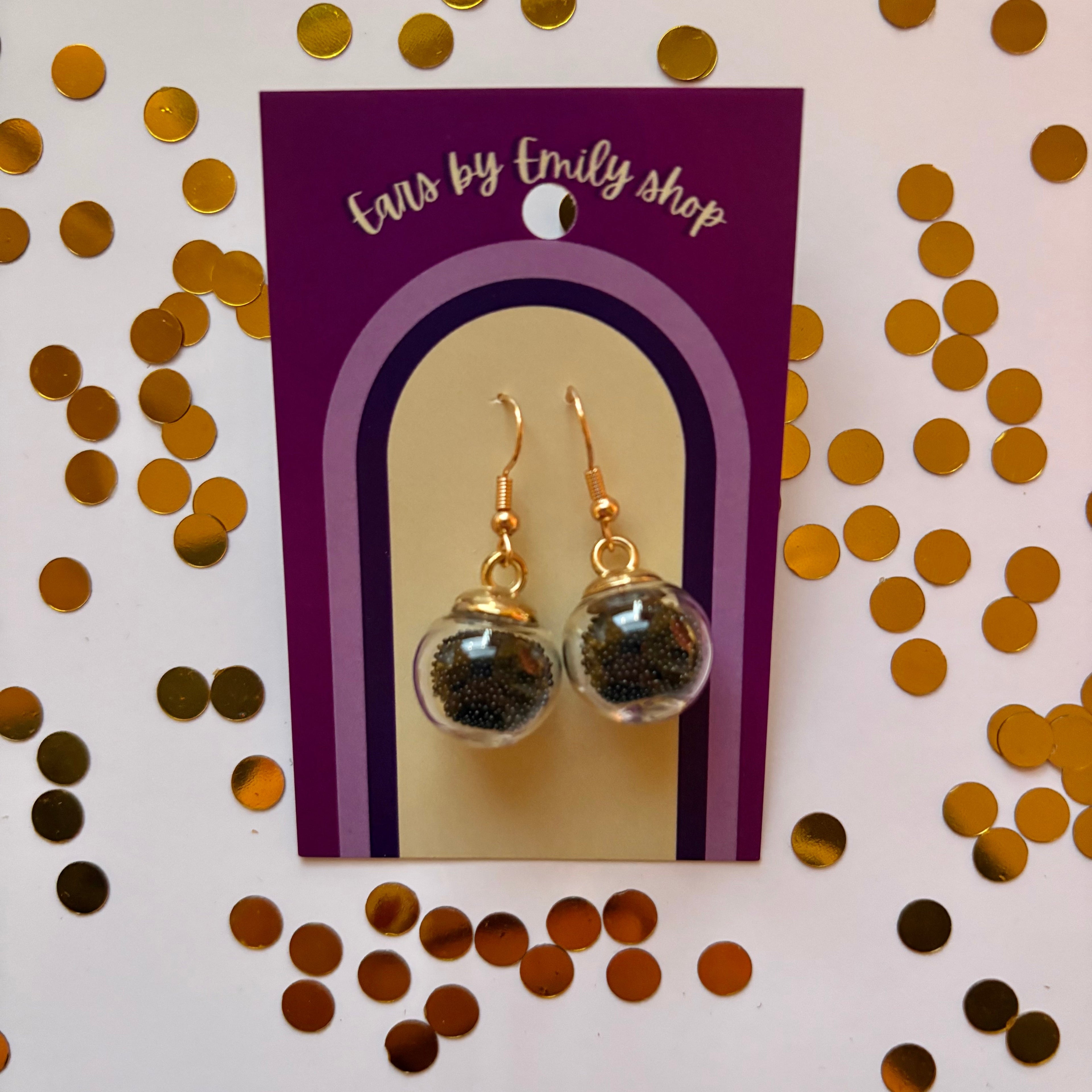 Black ball bead sparkle bauble Christmas dangle earrings gold plated
