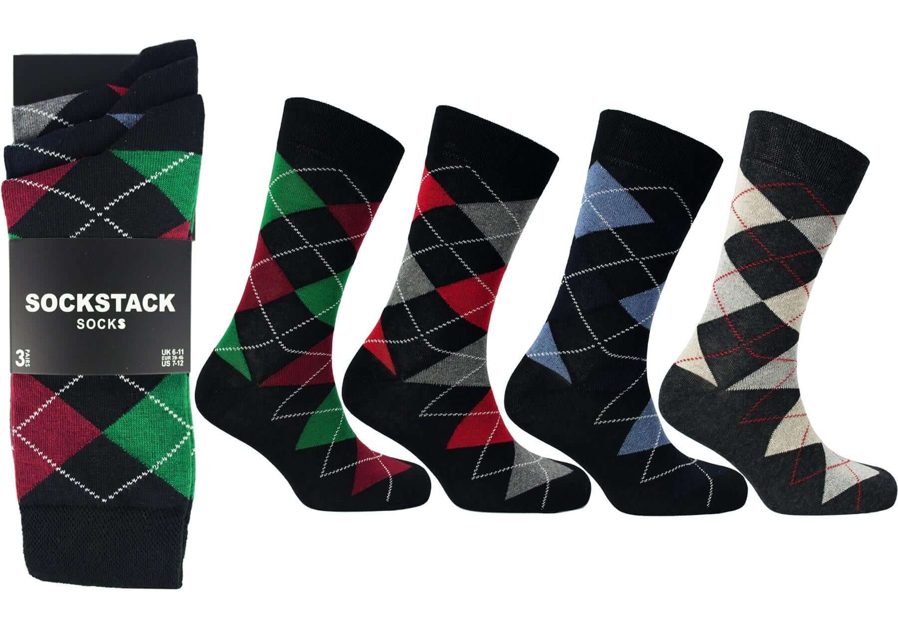 Sock Stack Men's Colourful Heel Toe Black Argyle Diamond Socks Cotton Rich Comfort Fit