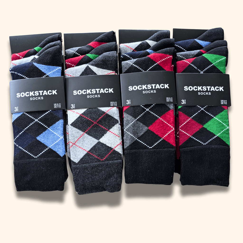 Sock Stack Mens Socks 12 Pairs Cotton Colorful Heel Toe Black Argyle Diamond Easycare