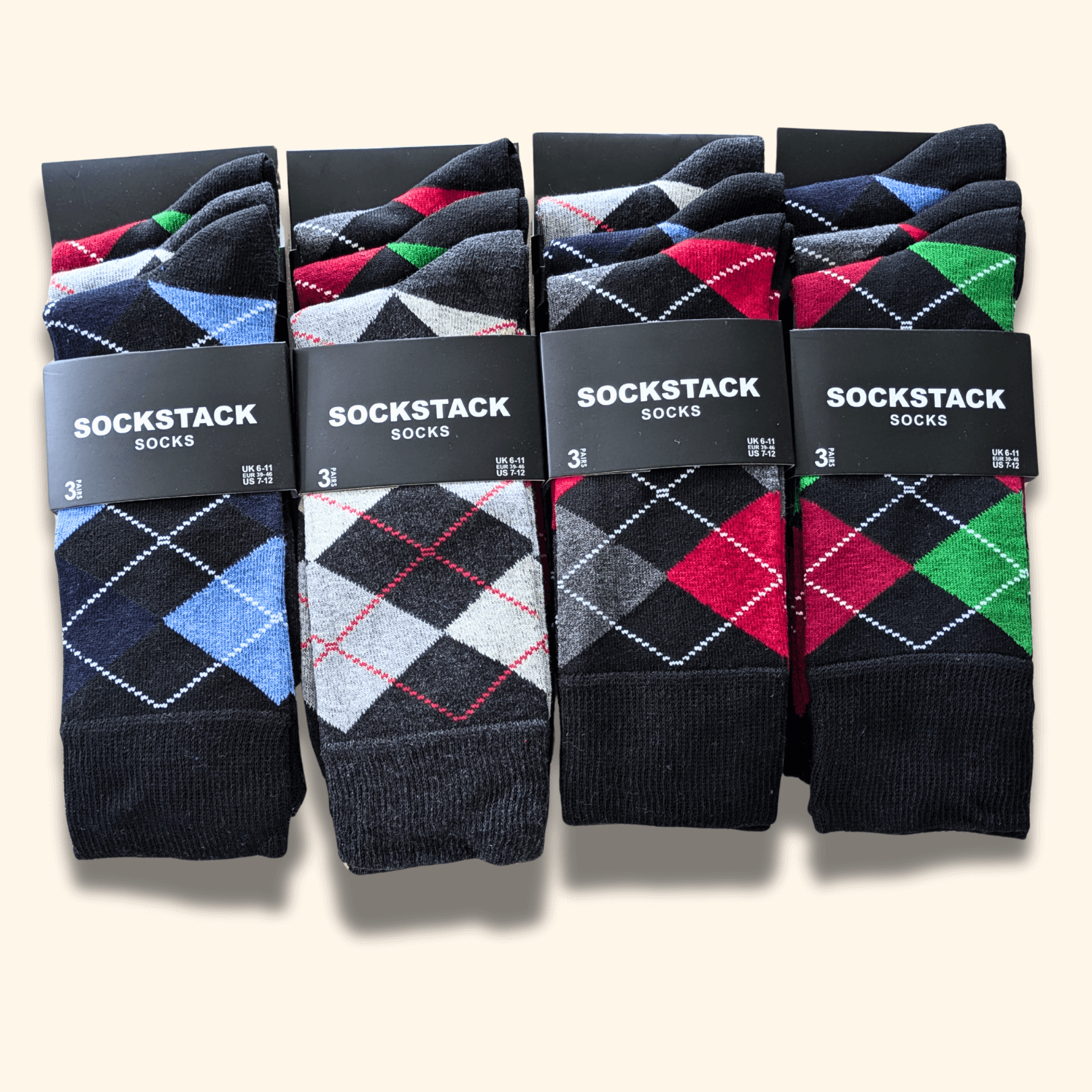 Sock Stack Mens Socks 12 Pairs Cotton Colorful Heel Toe Black Argyle Diamond Easycare