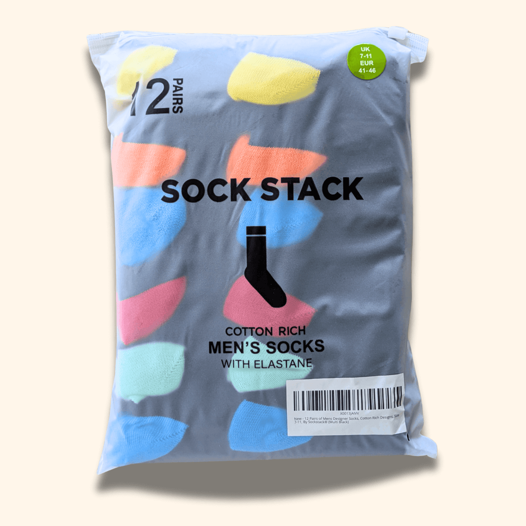 Sock Stack Mens Socks 12 Pairs Cotton Colorful Heel Toe Black Argyle Diamond Easycare