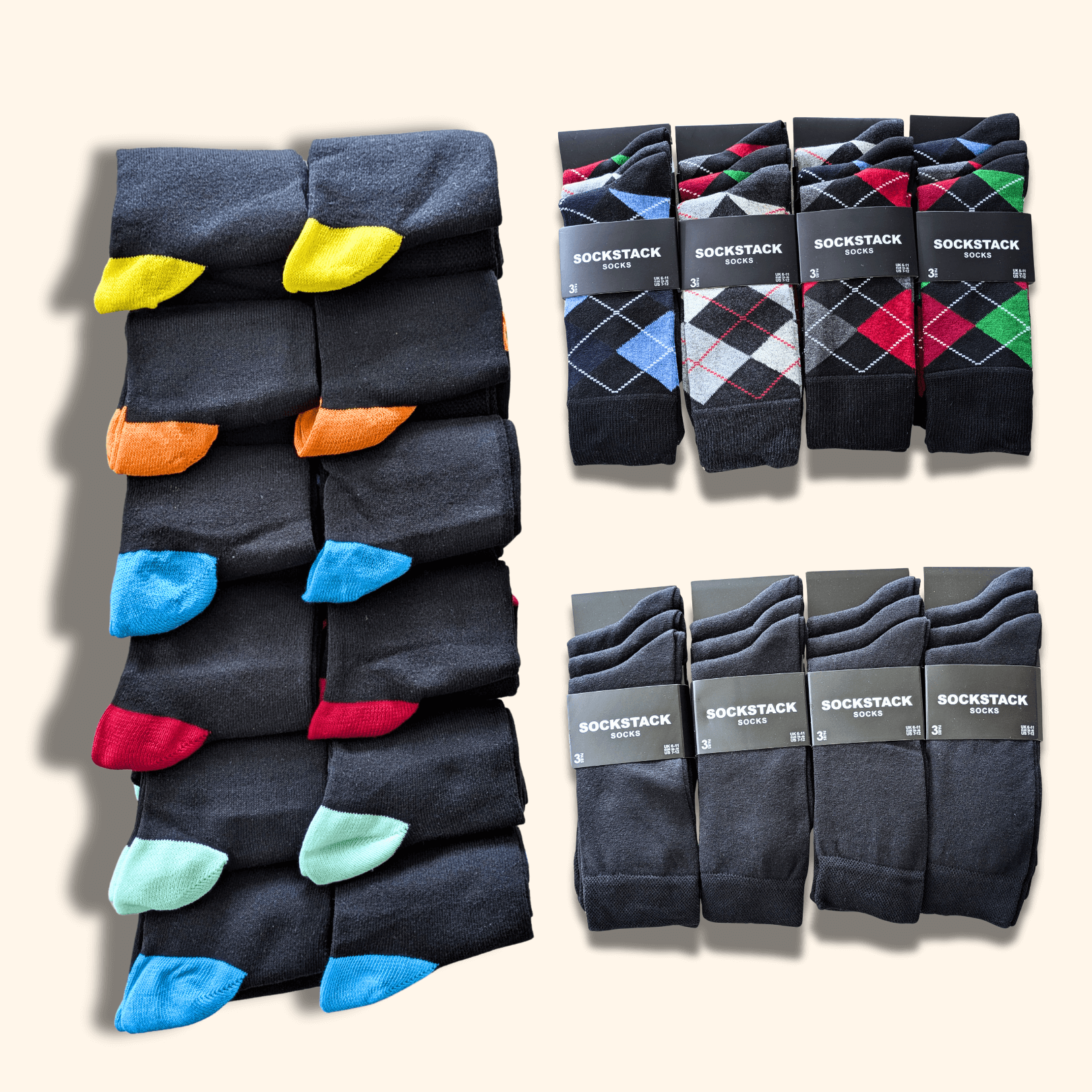 Sock Stack Mens Socks 12 Pairs Cotton Colorful Heel Toe Black Argyle Diamond Easycare